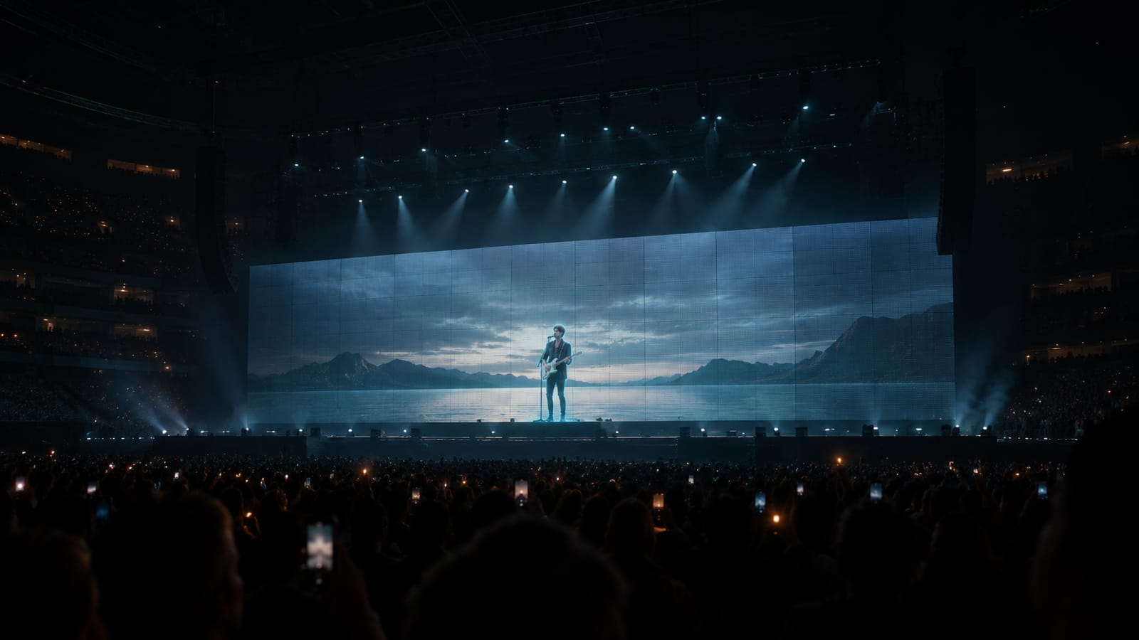 A life-size performer appears on a large-format LED video wall before an arena audience